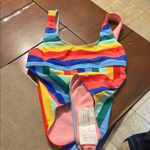 Red and Orange One Piece Swimwear with Vibrant Stripes